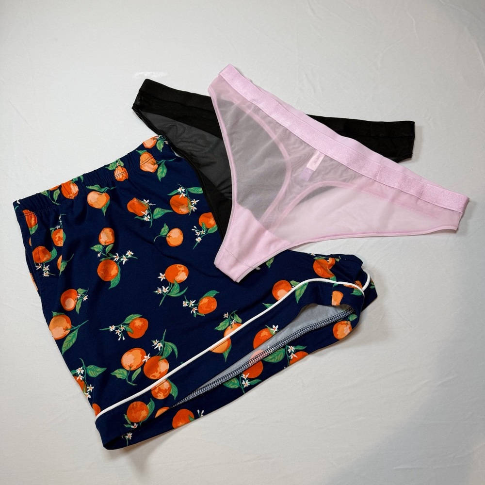 BUNDLE!Joyspun Navy Orange Print Pajama‎ Shorts and 2pcs Mesh Cheeky Panties XL